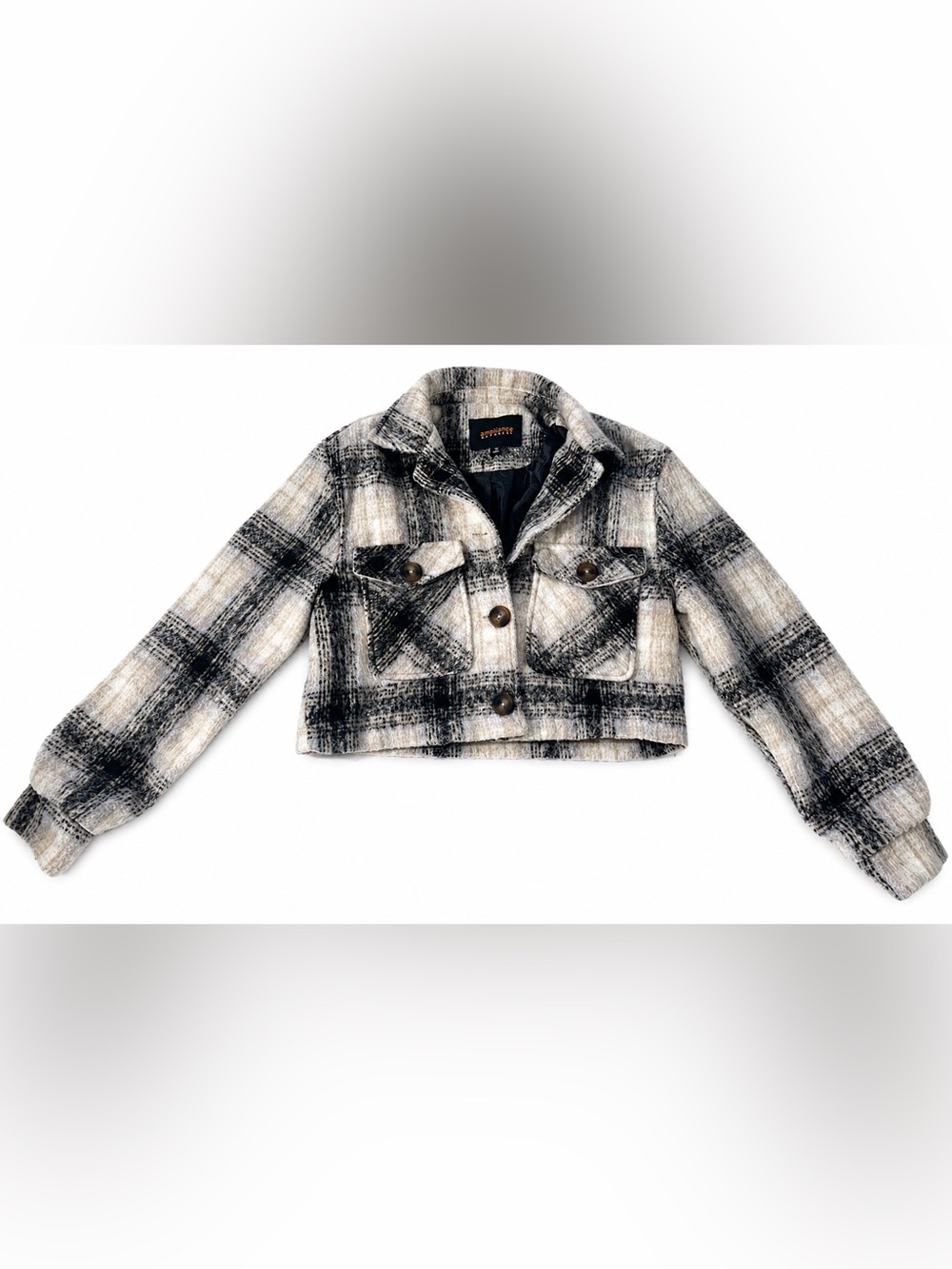 Ambiance Apparel Plaid Cropped Shacket Jacket Black White Size S
